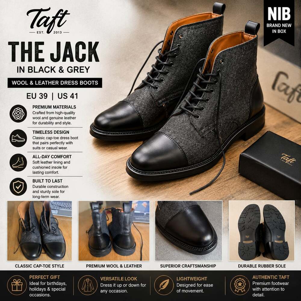 Taft The Jack Cap-Toe Dress Boots in Black and Grey Wool/Leather